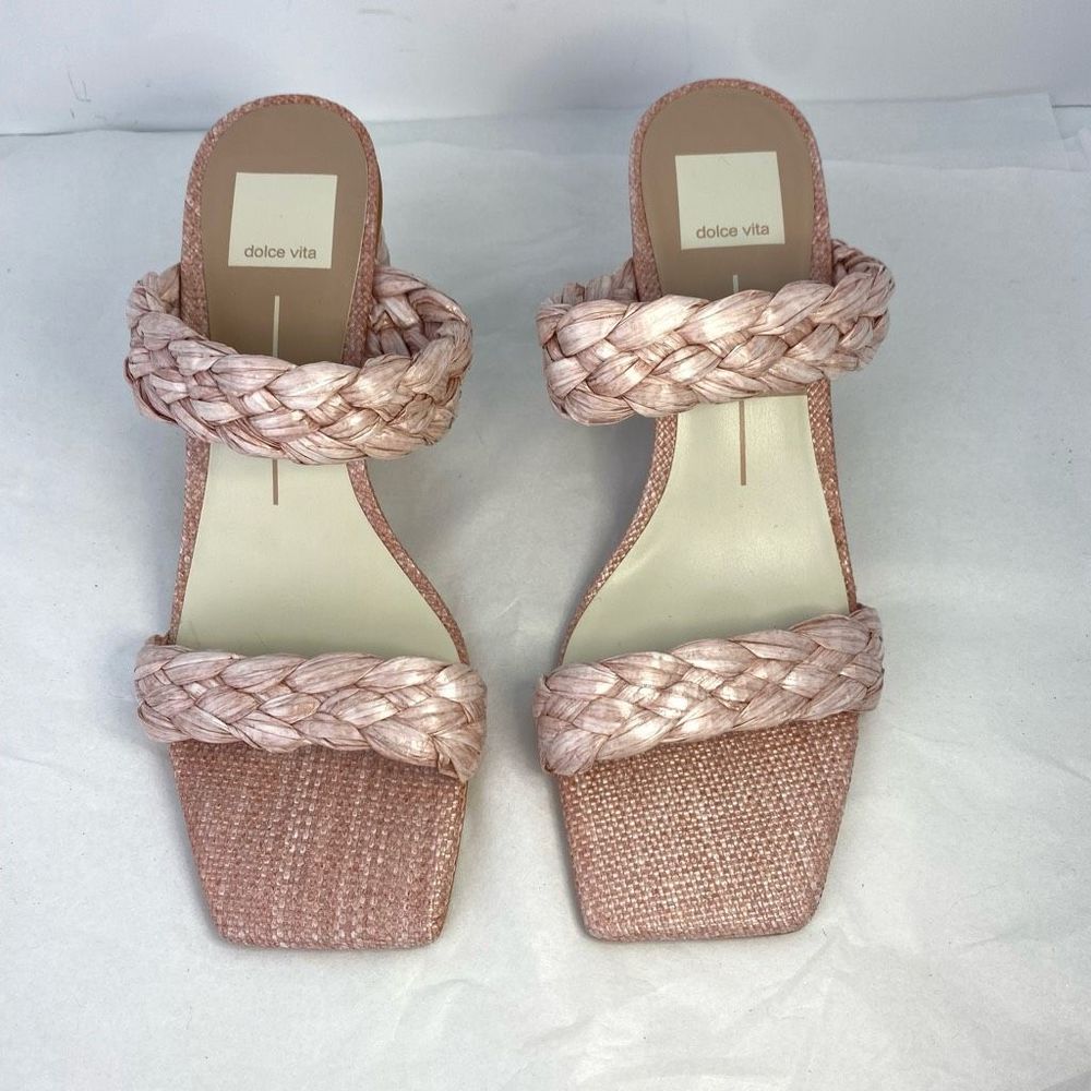 Dolce Vita  Paily Pink Rafia Sandals Braided Straps Chunky Heels - Picture 4 of 16
